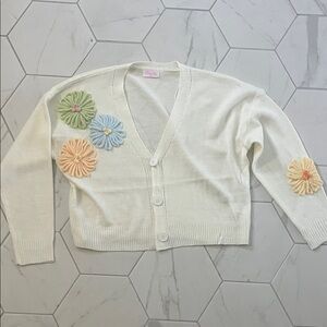 Pink Lily Cream Cardigan with Yard Woven Floral Accents